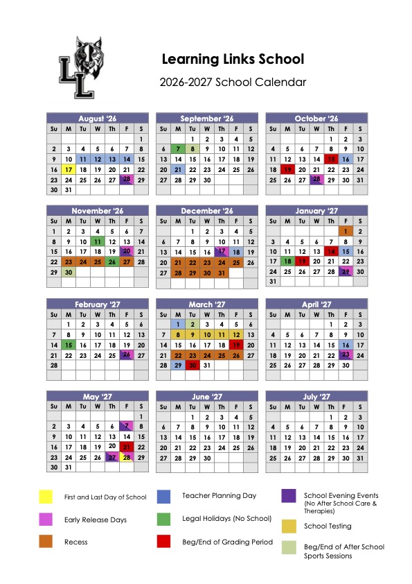 Learning Links School 2026-27 calendar thumbnail, 12-month year-at-a-glance grid.